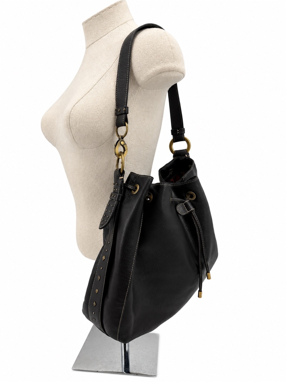 Donald J Pliner Dark Brown Leather Drawstring Bucket Shoulder Bag Large Studded